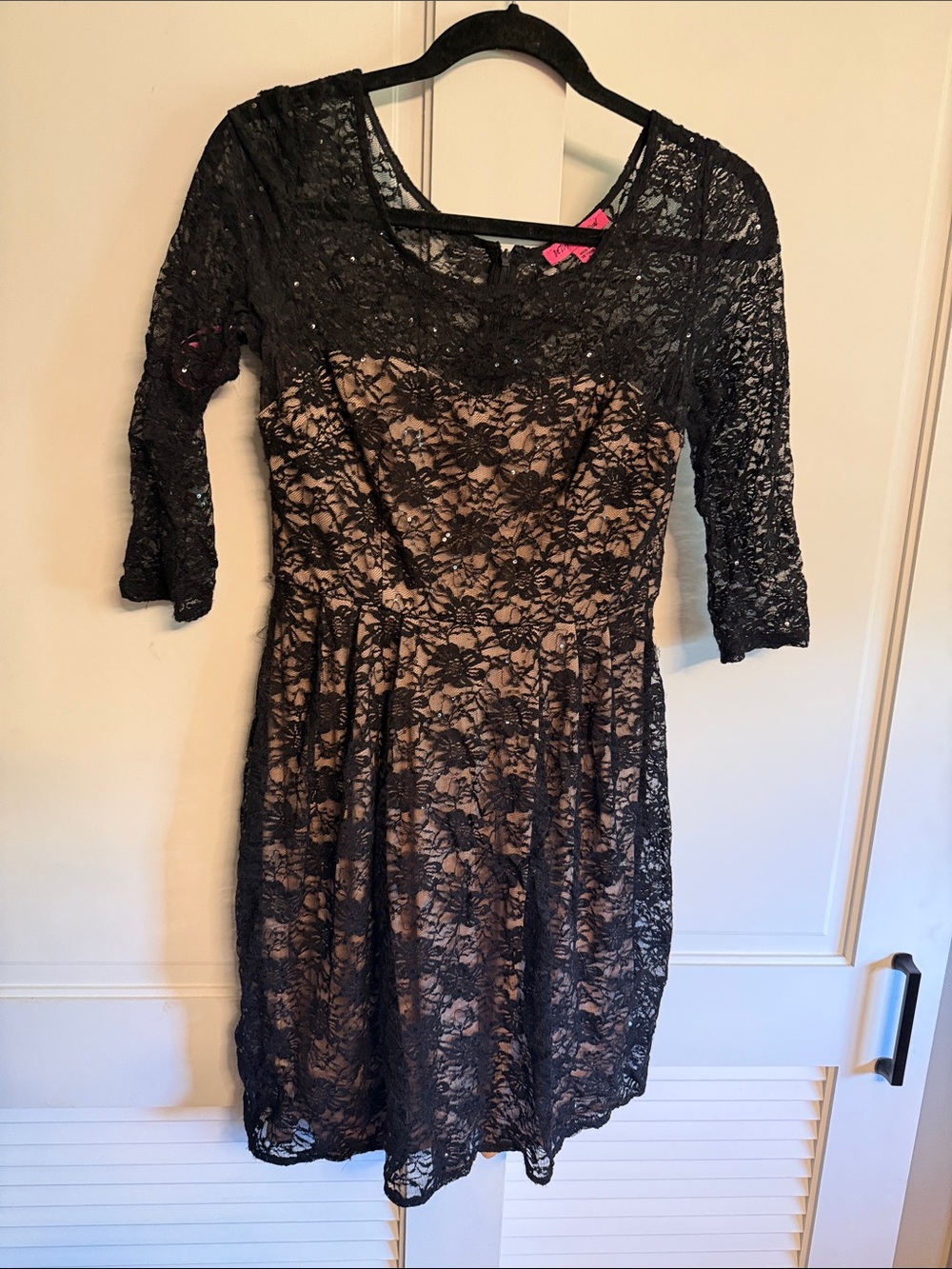 Betsey Johnson Black Lace Overlay Dress with Nude Lining